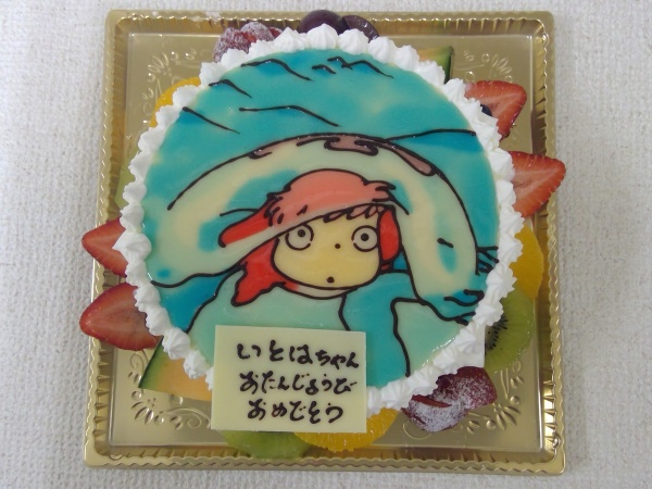 バースデーケーキに ご指定のポニョのイラストをプレートでトッピング 大阪市東住吉区 パティスリーデコ